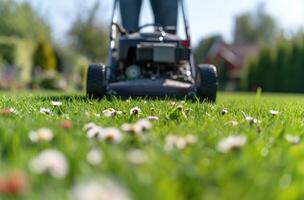 AI generated a person using a lawn mower in a large lawn photo