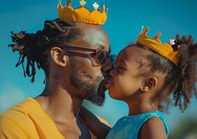 AI generated father and daughter holding crowns as they kiss each other photo