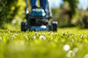 AI generated a person using a lawn mower in a large lawn photo