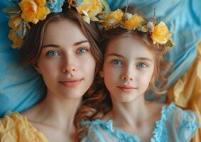 AI generated mom and daughter with paper crowns photo