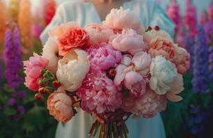 AI generated a person holding up a bouquet of flowers in their hand photo