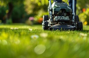 AI generated a person using a lawn mower in a large lawn photo