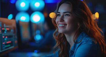 AI generated a professional woman smiles while using her computer photo