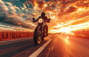 ai generado un hombre montando un motocicleta en un abierto la carretera foto