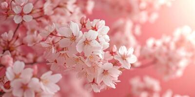 AI generated a pink background with white blossoms of cherries against a pink background photo