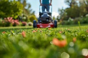 AI generated a person using a lawn mower in a large lawn photo