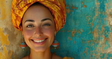 ai generado un contento mujer sonriente en un vistoso turbante cerca vistoso pared foto