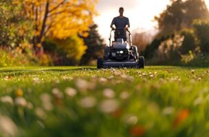 AI generated a person using a lawn mower in a large lawn photo