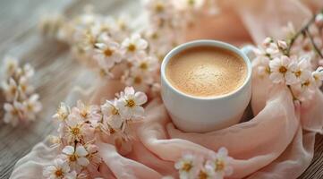 ai generado un taza de café es sentado en un de madera superficie con flores alrededor eso foto