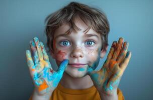 AI generated a preschooler with his hands painted with many colors he could choose from photo