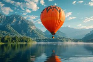 ai generado un caliente aire globo flotante terminado un lago, foto