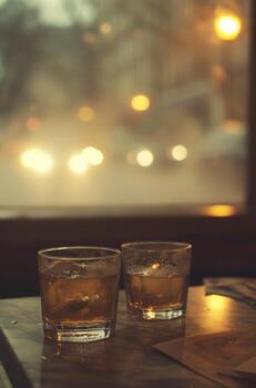 AI generated a pair of whisky glasses are on a table next to a iced counter photo