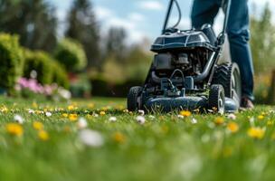 AI generated a person using a lawn mower in a large lawn photo