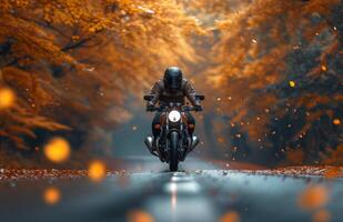 AI generated a motorcycle rider on a road in autumn photo