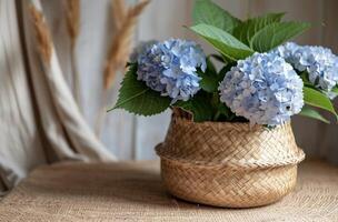 AI generated woven basket, flower photo