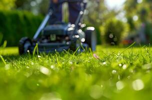 AI generated a person using a lawn mower in a large lawn photo