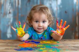 AI generated a toddler is sitting at a table with colorful hands on the table photo