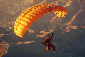 ai generado un hombre en rojo es visto en el aire comercial paracaidismo foto