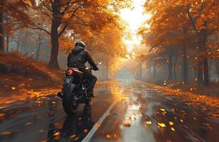 ai generado un motocicleta jinete en un la carretera en otoño foto