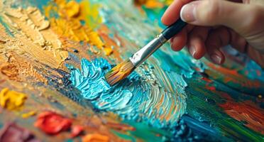 ai generado un persona pinturas un artista, con vistoso paleta foto