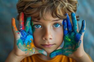 AI generated young cute boy with colorful painted hands over his face photo