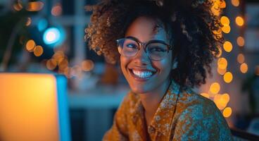 AI generated a professional woman smiles while using her computer photo