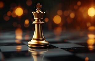 ai generado un dorado Rey ajedrez pedazo es en un negro ajedrez tablero foto