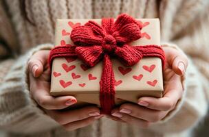 AI generated women hands holding a gift box with hearts logo with red bow photo