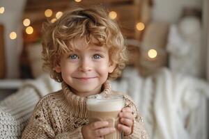 AI generated a little boy smiling with a coffee in a glass photo