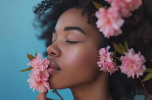 ai generado joven negro mujer oliendo un manojo de rosado flores foto