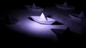 Dark background with orange and purple light. Design. Water on which there are paper boats in animation. photo