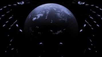 Black background with rotating planet and patterns. Design. Around its axis is a rotating planet earth made in 3D format and reflecting in different shades. photo