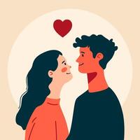 A couple in love with a heart. Flat vector illustration for Valentine Day. A young guy and a girl look at each other and smile