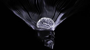 3D animation of glowing brain. Design. Stylish glowing skull with brain on black background. 3d skull animation with glowing brain and lines photo