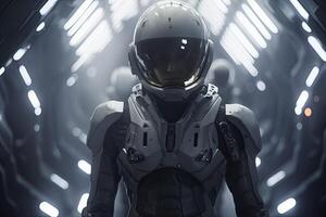 AI generated Sci-Fi Characters in Space Outfits. Soft Atmospheric Perspective in Dark Silver and White. photo