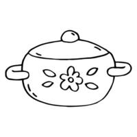 Black and white vector illustration of pan isolated on a white. Soup pot in doodle style