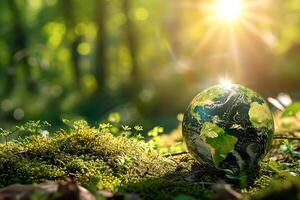 AI generated Global Earth On Soil In Forest With Ferns And Sun Shine photo