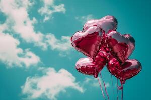 ai generado rosado corazón conformado frustrar aire globos flotante en azul nublado cielo, San Valentín día celebracion foto