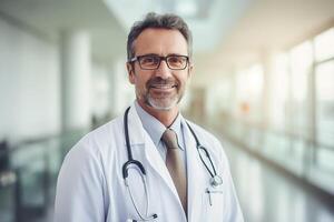 ai generado un contento médico y ligero borroso hospital corredor en fondo, foto