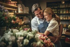 ai generado romántico Pareja de florista abrazando en flor tienda foto