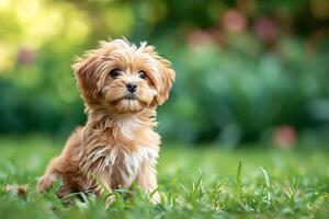 ai generado contento pequeño naranja habanero perrito perro es sentado en el césped foto