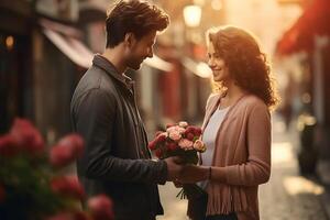 AI generated Romantic man giving flowers to his girlfriend. Happy valentine day concept photo