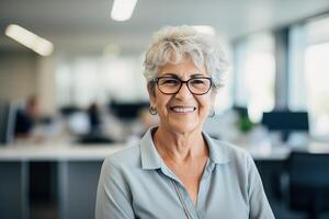 AI generated portrait photography of happy senior citizen office manager photo