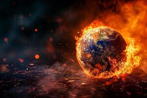 AI generated The globe is on fire, global warming, the average temperature on earth is rising photo