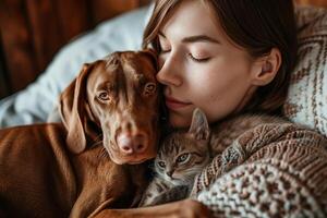 ai generado retrato de un joven mujer con un húngaro puntero perro y un pequeño gatito en su brazos acostado a hogar foto