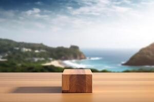 AI generated wooden product display podium photo