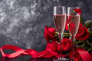 AI generated Champagne glass with rose flower bouquet and bokeh light background, Happy valentine's day concept photo