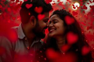 ai generado indio yung sonriente Pareja retrato tiernamente rodeado por romántico atmósfera de flotante corazones. foto