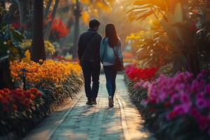 ai generado joven Pareja caminando juntos en flor jardín, contento San Valentín día concepto foto