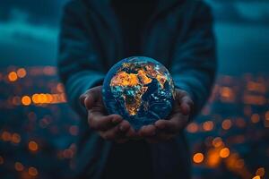 AI generated The globe Earth in the human's hands photo